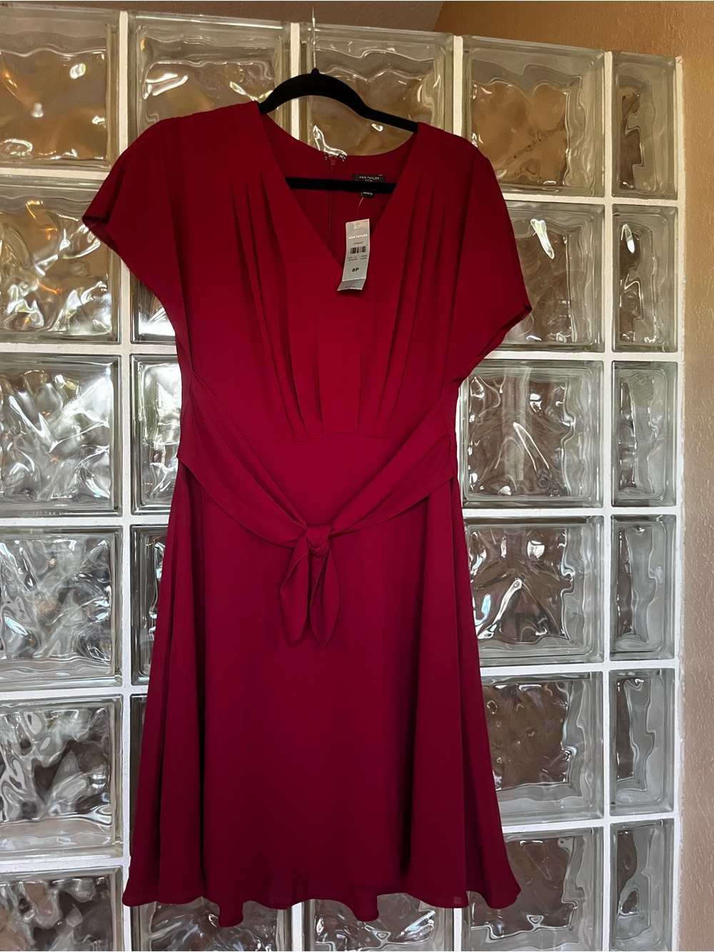 Ann Taylor Berry Red Knot-Waist V-Neck Midi Dress